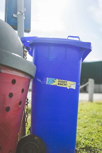 A tall, bright blue wheelie bin with a closed lid, positioned outdoors on a grassy area with sunlight overhead. The bin has a rectangular shape with smooth, durable plastic surfaces and a sturdy handl